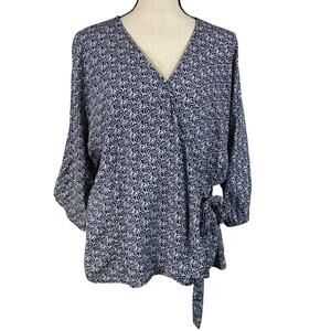 Talbots X-Large Faux Wrap Top Geometric Surplice V-Neck Dolman Elbow Sleeves